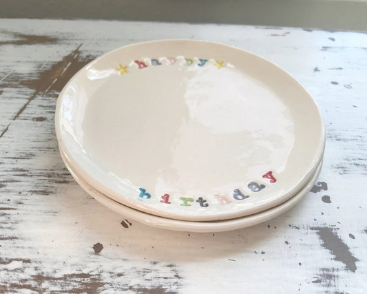 Hand stamped Happy Birthday 5.75" plate by Amy Wright, Bumblebee Ceramics.