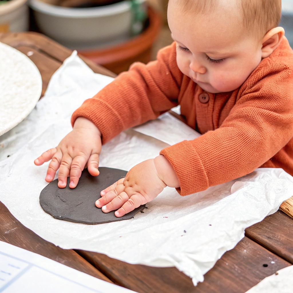 A young child putting his hands in a piece of clay.