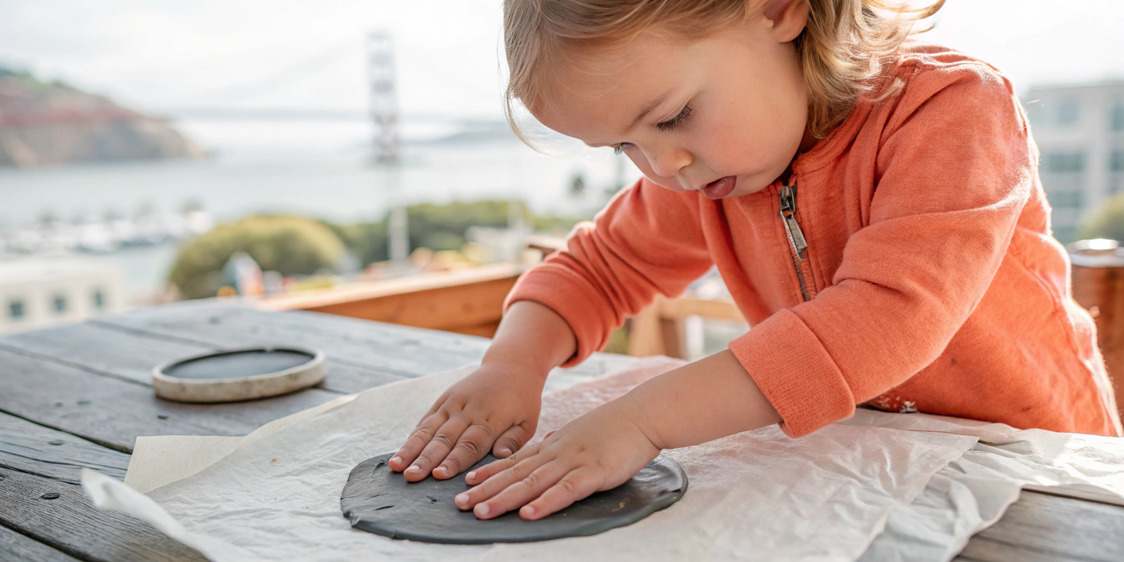 A young girl putting her hands in clay.