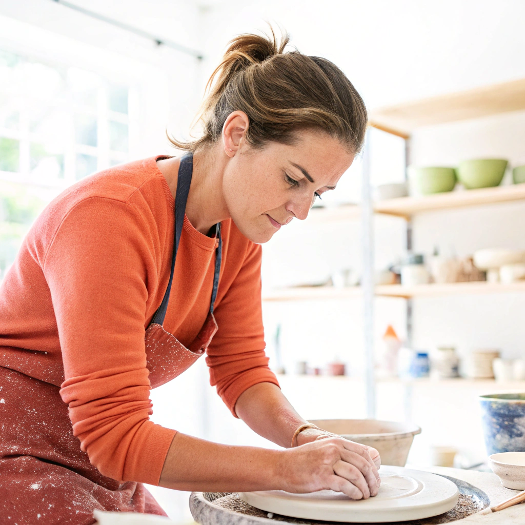 A woman making handmade ceramic products.
