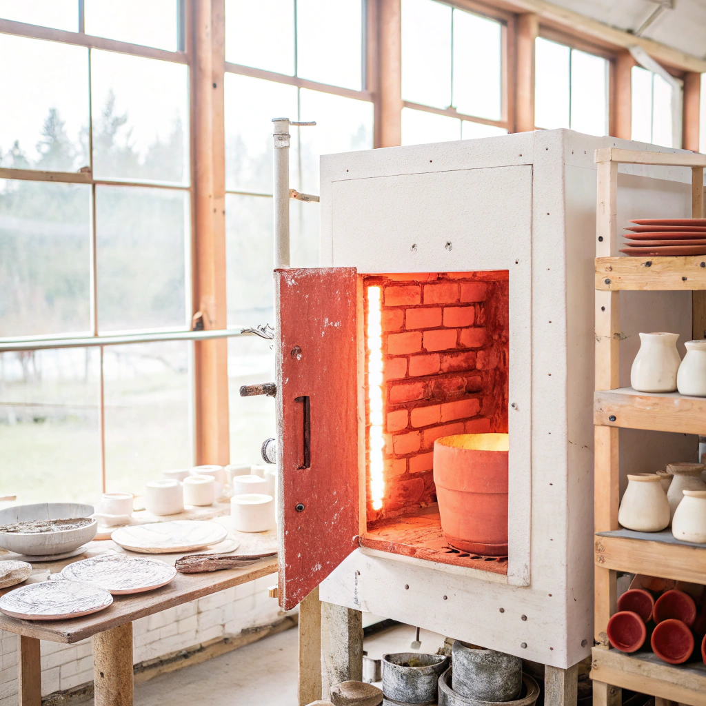 A traditional ceramic kiln glowing warmly with a ceramic piece inside.