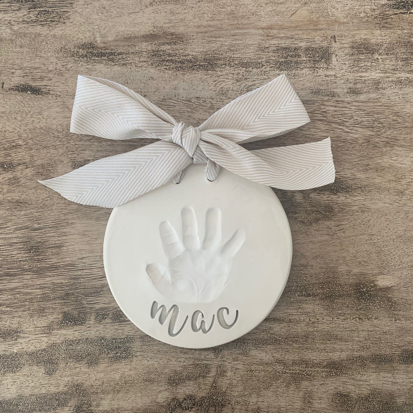 Custom Ceramic Baby Handprint Keepsake, Clay Print Big Cursive