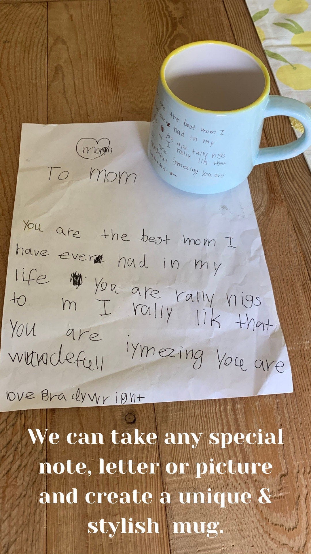 Custom Love Letter Mug, Kids Art Ceramic Mug, Personalized Kids Writing on Mug