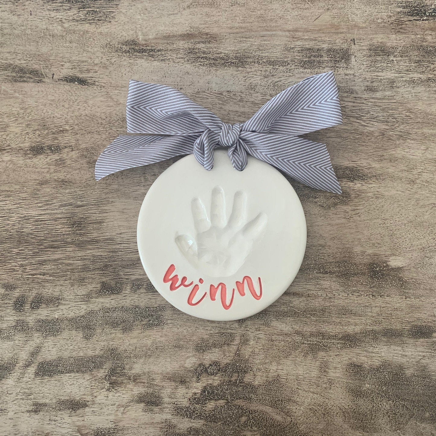 Custom Ceramic Baby Handprint Keepsake, Clay Print Big Cursive