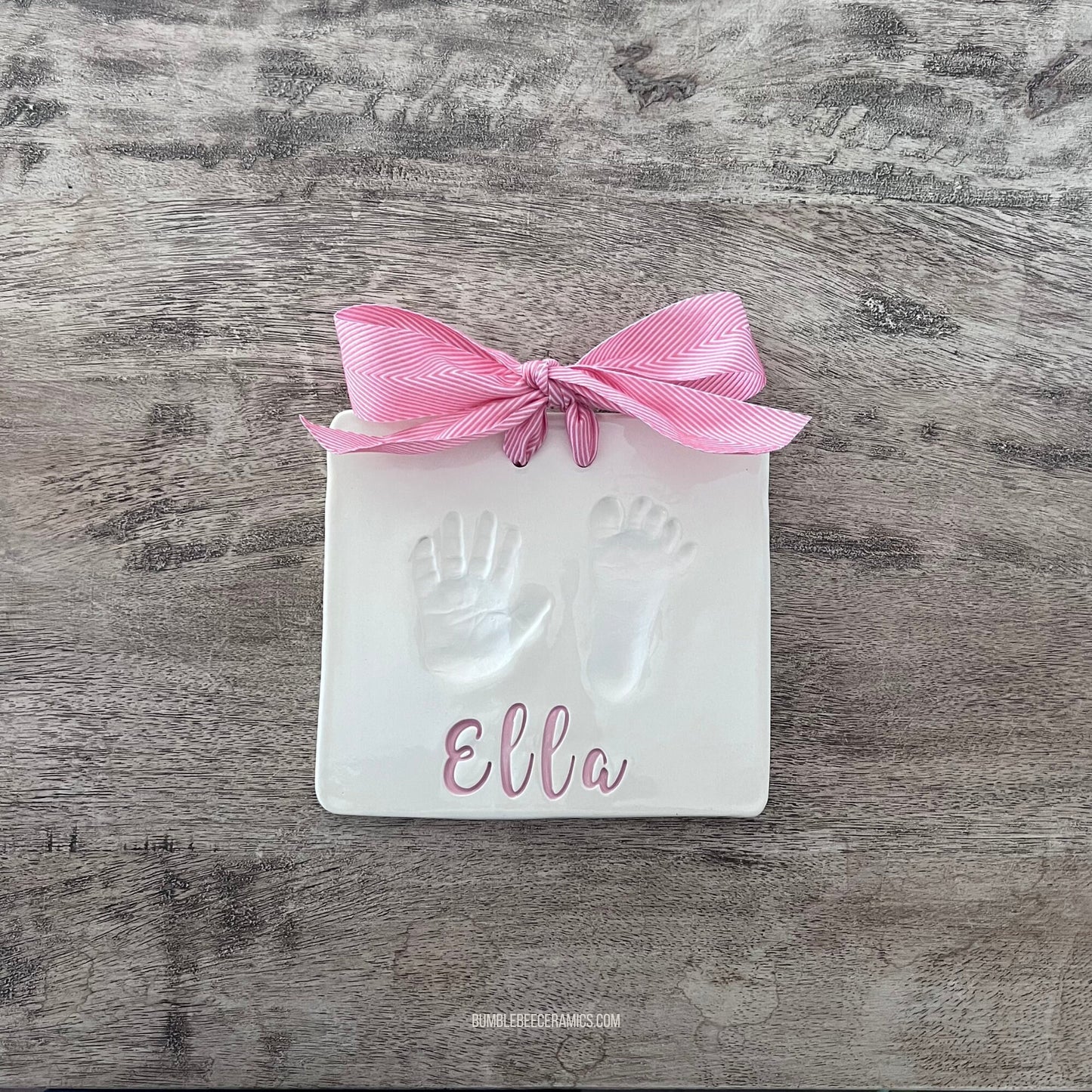 Custom Ceramic Baby Hand and Footprint Keepsake/ Clay Prints/ Baby Handprint Kit/ Big Cursive