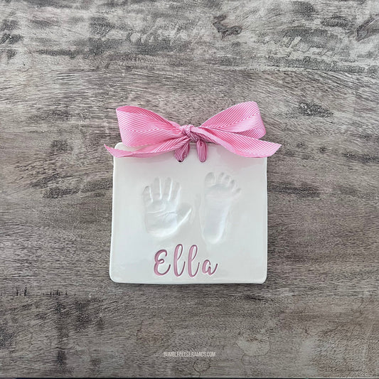 Custom Ceramic Baby Hand and Footprint Keepsake/ Clay Prints/ Baby Handprint Kit/ Big Cursive
