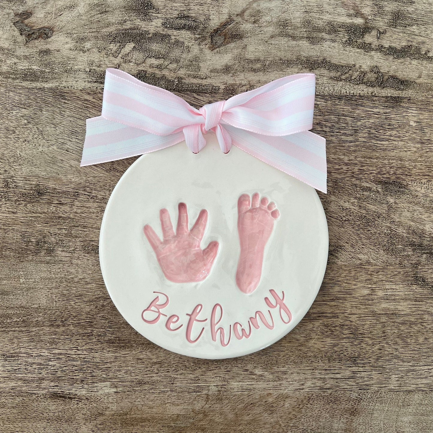 Custom Ceramic Baby Hand and Footprint Keepsake/ Clay Prints/ Baby Handprint Kit/ Big Cursive
