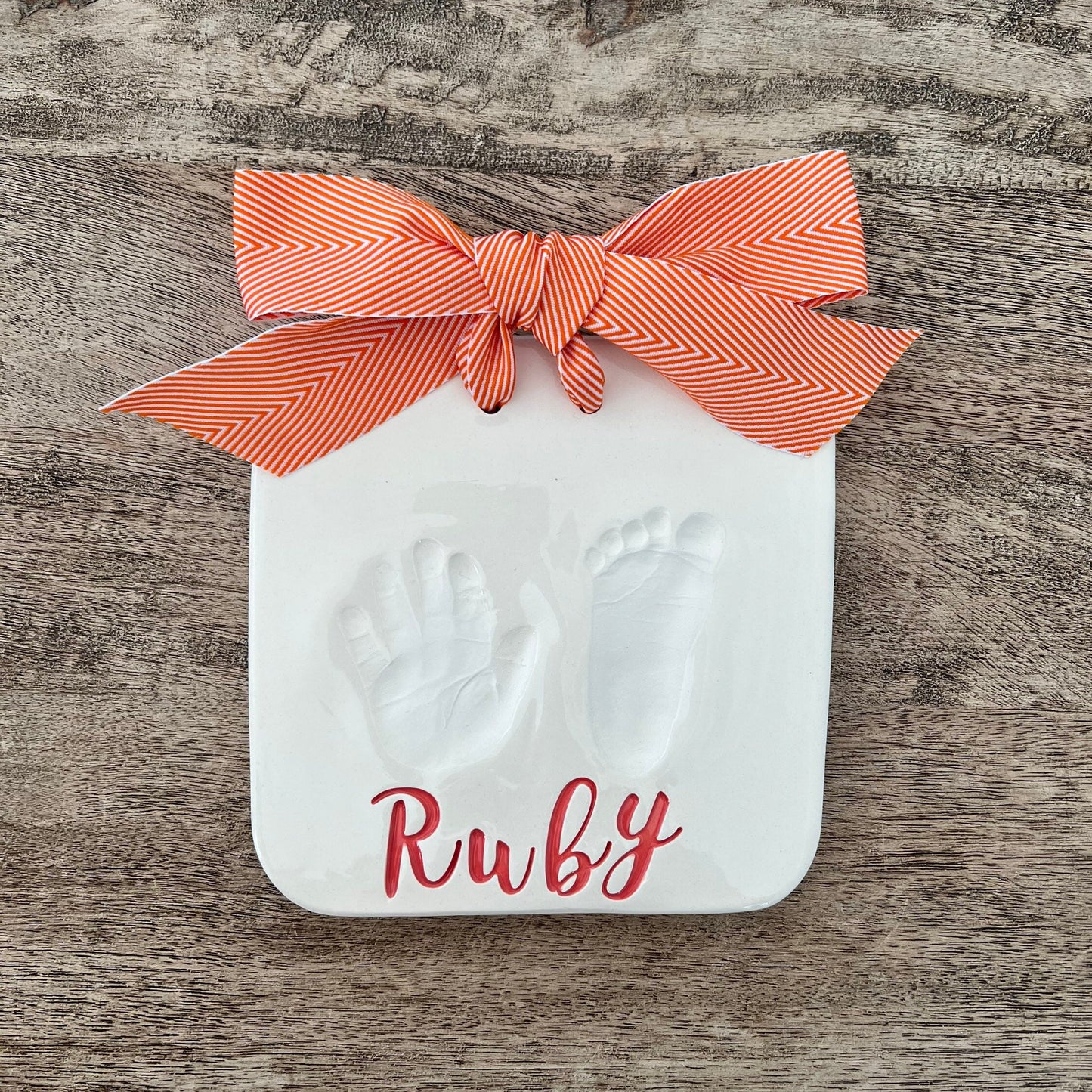 Custom Ceramic Baby Hand and Footprint Keepsake/ Clay Prints/ Baby Handprint Kit/ Big Cursive