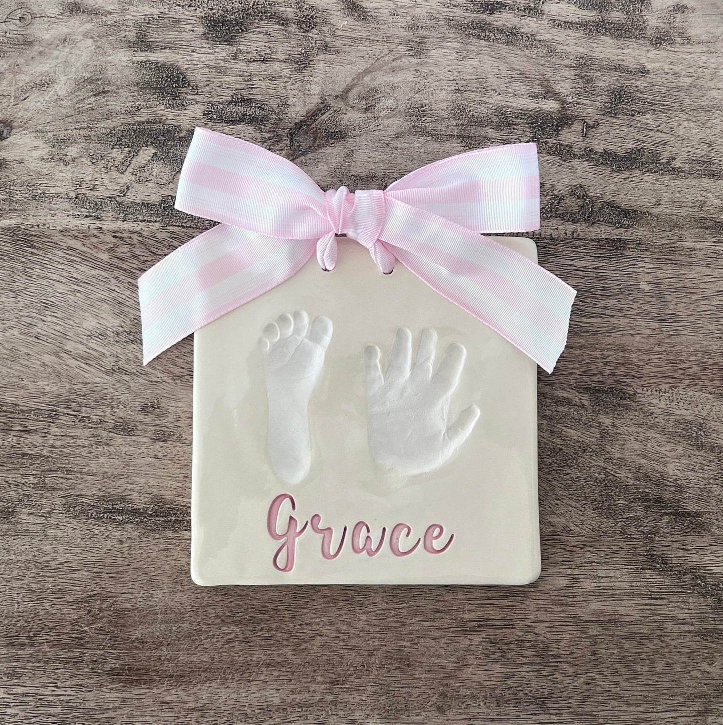 Custom Ceramic Baby Hand and Footprint Keepsake/ Clay Prints/ Baby Handprint Kit/ Big Cursive