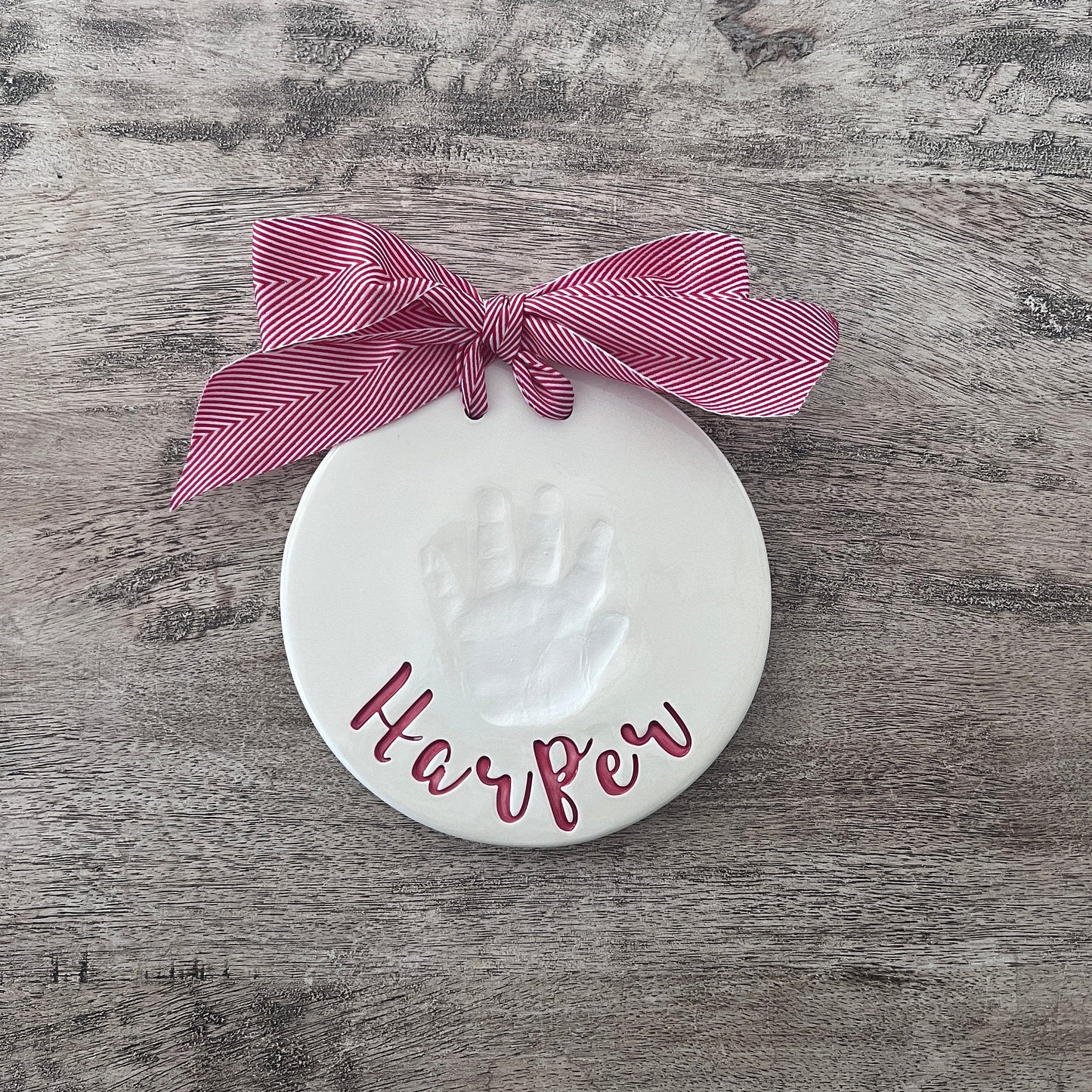 Custom Ceramic Baby Handprint Keepsake, Clay Print Big Cursive