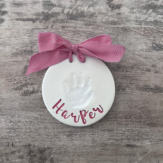 Custom Ceramic Baby Handprint Keepsake, Clay Print Big Cursive