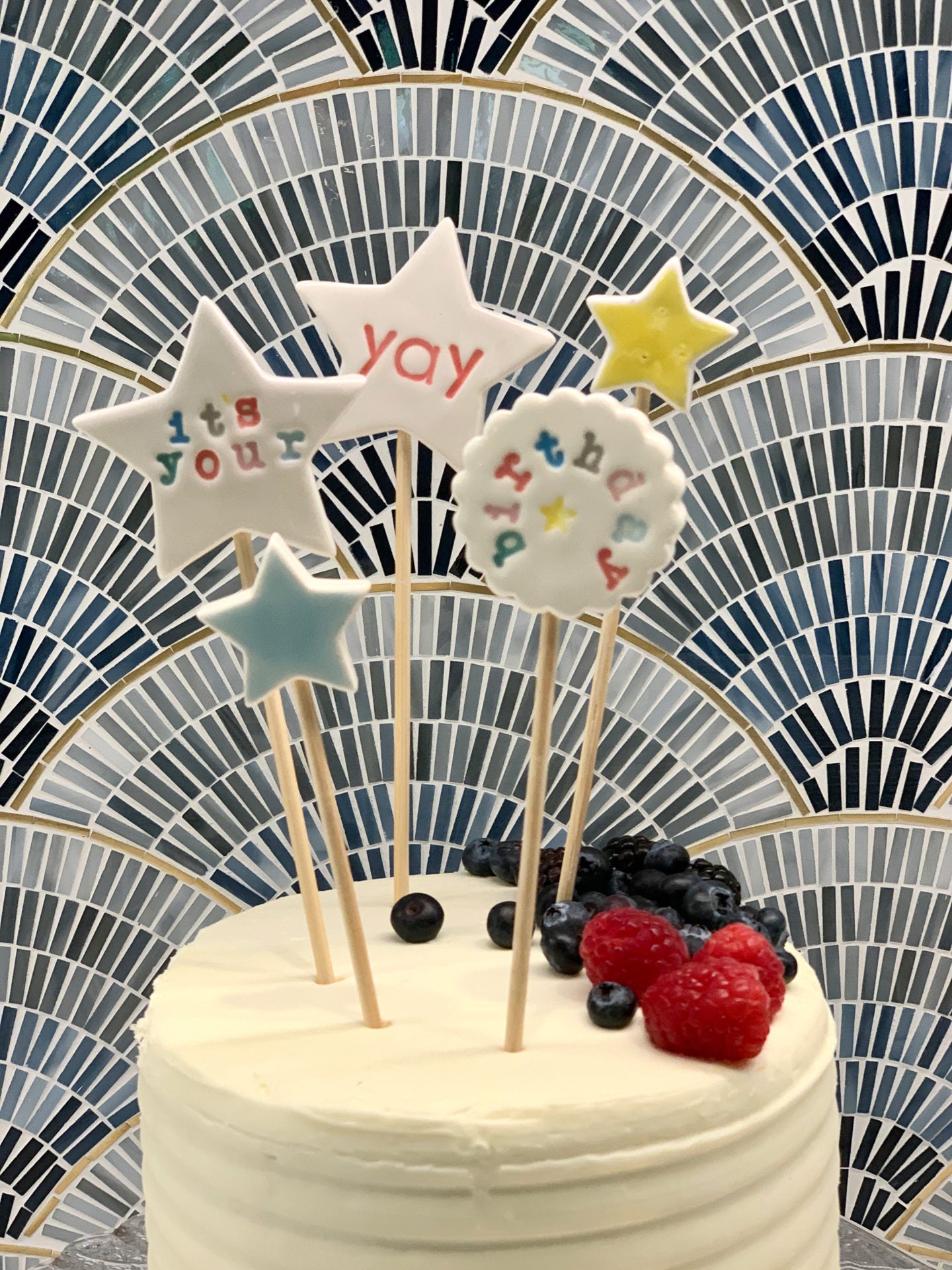 ceramic reusable cake toppers by Amy Wright at Bumblebee Ceramics. Yay, it's your birthday.